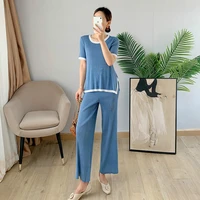 pant suits for women plus size 45 75kg 2021 summer fashion simple patchwork light blue elastic loose miyake pleated 2pcs set