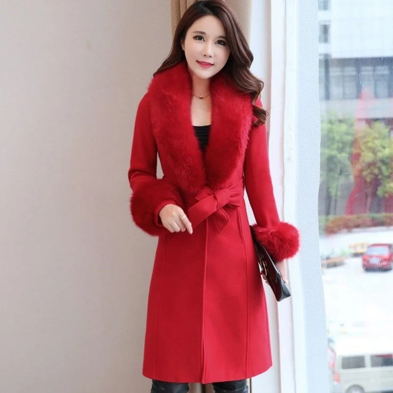 Woolen Coat Women's Middle Long Korean Version 2021 Winter Clothes with Thin Waist and Fashionable Large Wool Fur Belt Luxury