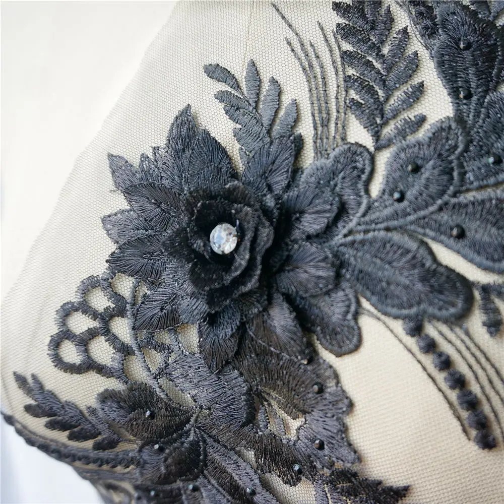 Черная вышитая кружевная ткань 3D цветок кисточки стразы аппликации отделка для