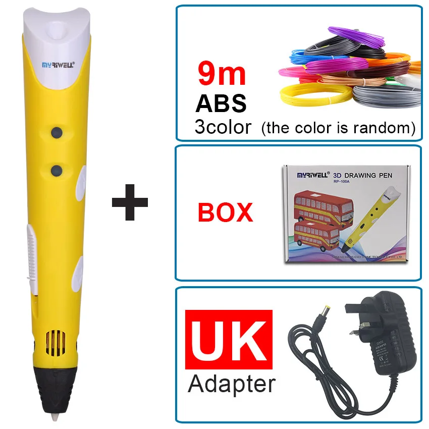 Yellow UK Myriwell новая волшебная 3D Ручка для рисования 3D Ручка для печати с 1,75 мм ABS/PLA нитями для детей подарок на день рождения - Цвет: Yellow UK