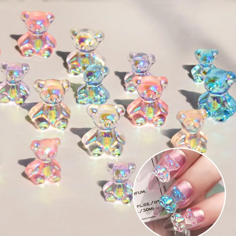 

6pcs Cute Bear Nail Art Rhinestone Cartoon 3D Nails Jewelry Nail Aurora UV Gel Ornaments Charms Manicure Gem DIY Accessories
