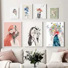 Настенный постер с изображением девушки и розовых цветов, абстрактная женщина, рисунок в скандинавском стиле, украшение для дома и гостиной