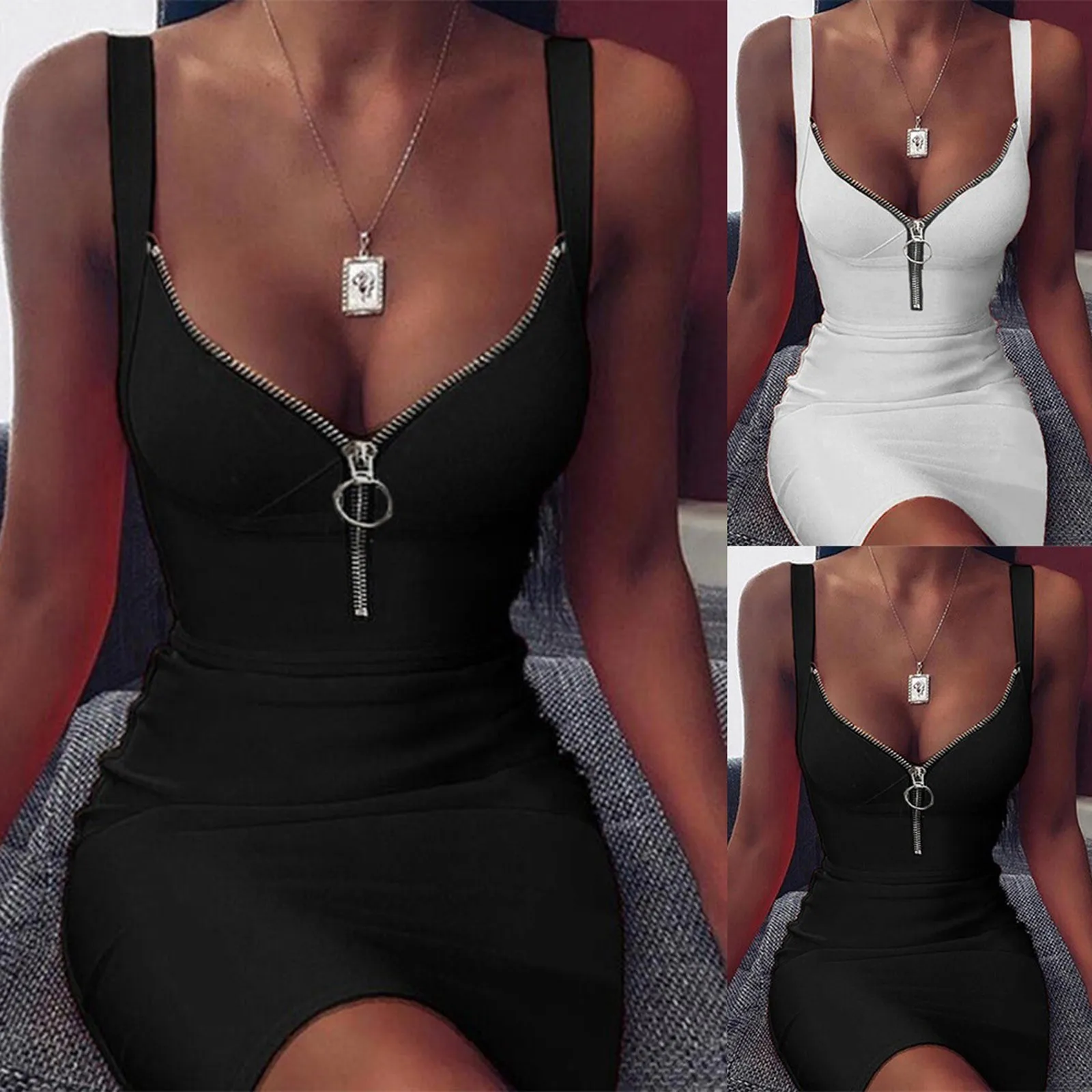 

2021 New Women's Solid Color Mid-waist Black Sexy Zipper Suspender Dress Woman Clothes Outfits Party Dresses Vestito Da Donna#G