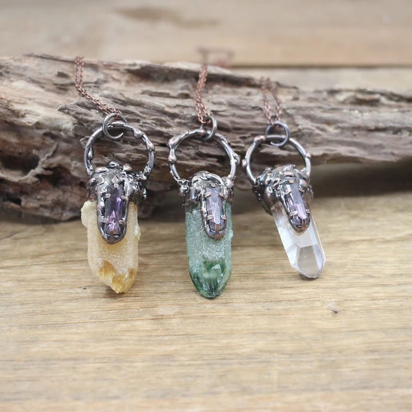 

Natural Green/Yellow/White Quartz Geode Point Pendants Antique Copper Necklace,Crystal Druzy Meditation Retro Men Jewelry,QC3033