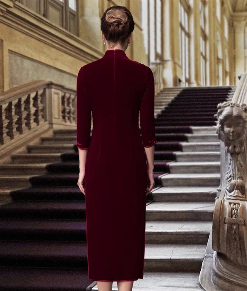 Длинное пальто для девочек бархатное китайское платье с разрезами по бокам и