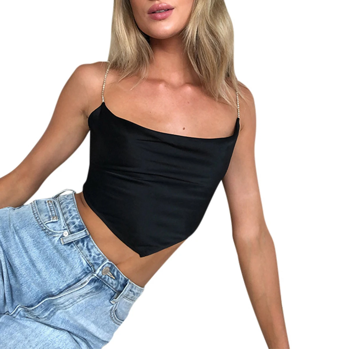 Летняя женская однотонная кофта для девушек модный асимметричный подол Стразы