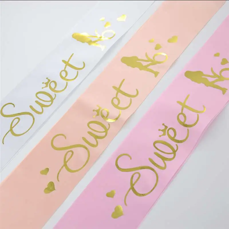

2pcs 16 Birthday Sash Decoration Gold Stamping Letter Printing Etiquette Belt For Home Birthday Party Supplies (Random Color)