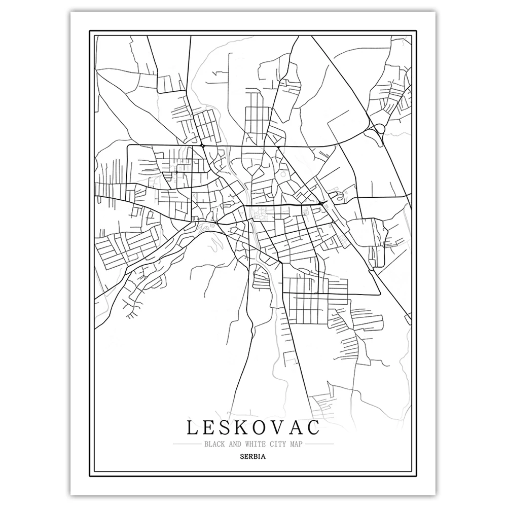 Сербийская черно-белая карта мира, плакат, Скандинавская гостиная, Белград рума Шабаз, настенные художественные картины, домашний декор, холст, живопись - Цвет: Leskovac