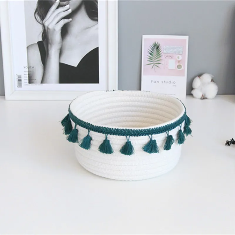 Dark Green Хлопковые корзины для хранения веревки с кисточкой ручной работы Тканые корзины для стирки грязной одежды детские игрушки настольные Предметы Органайзер корзина - Цвет: Dark Green