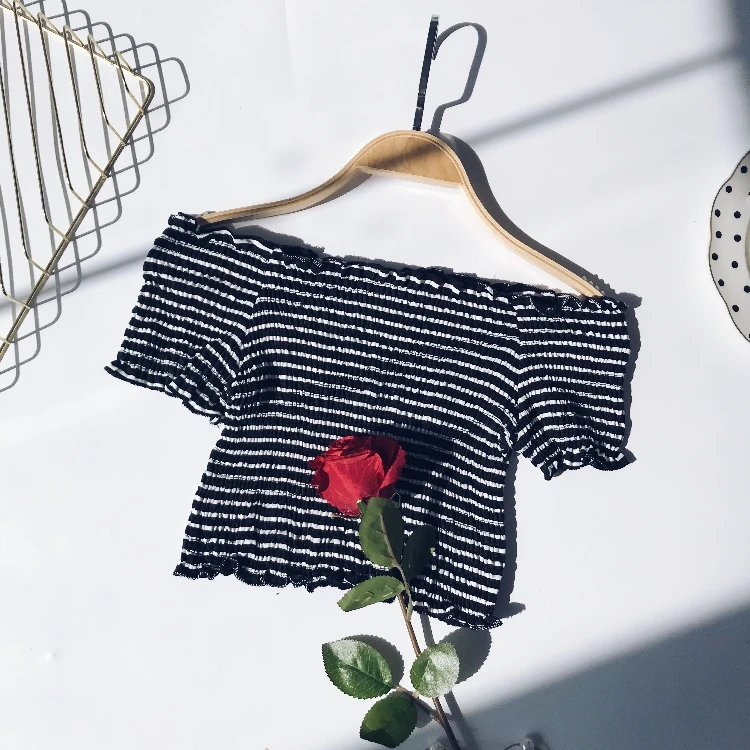 Short Tops Элегантная женская мини-рубашка с вырезом лодочкой, повседневная, милая, женская, короткий рукав, эластичная, высокая талия, тонкая блуза, сексуальная, короткий топ - Цвет: Short Tops