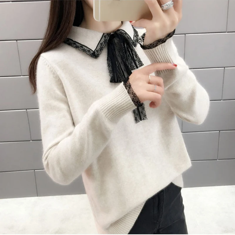 Laides Sweet Solid Sweater Chic Lace Patchwork Knitting Pullovers Turn-dowm Collar Up Knitted Ladies Causal | Женская одежда