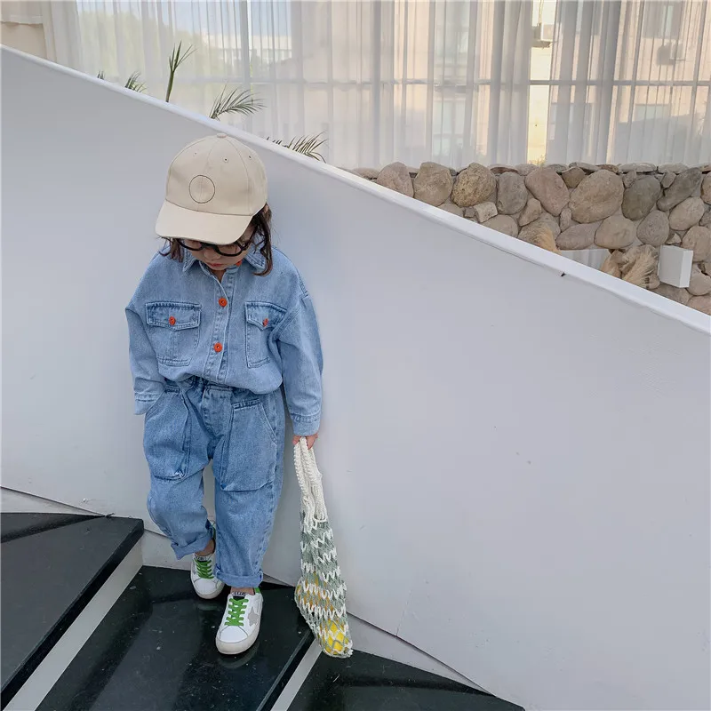 2020 г. новые весенние джинсы с длинными рукавами для мальчиков и девочек комплект