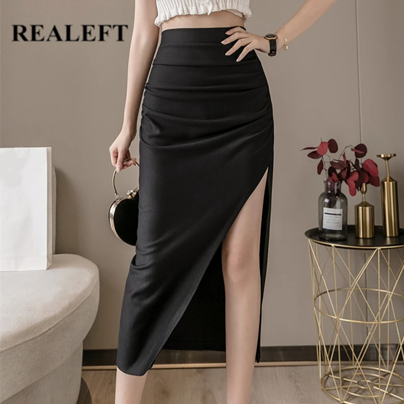 

REALEFT High Waist Ladies Pencil Skirts Black Fashionable Front Side Split Pleated Sexy Wrap Midi Length Women's Skirts 2021 New