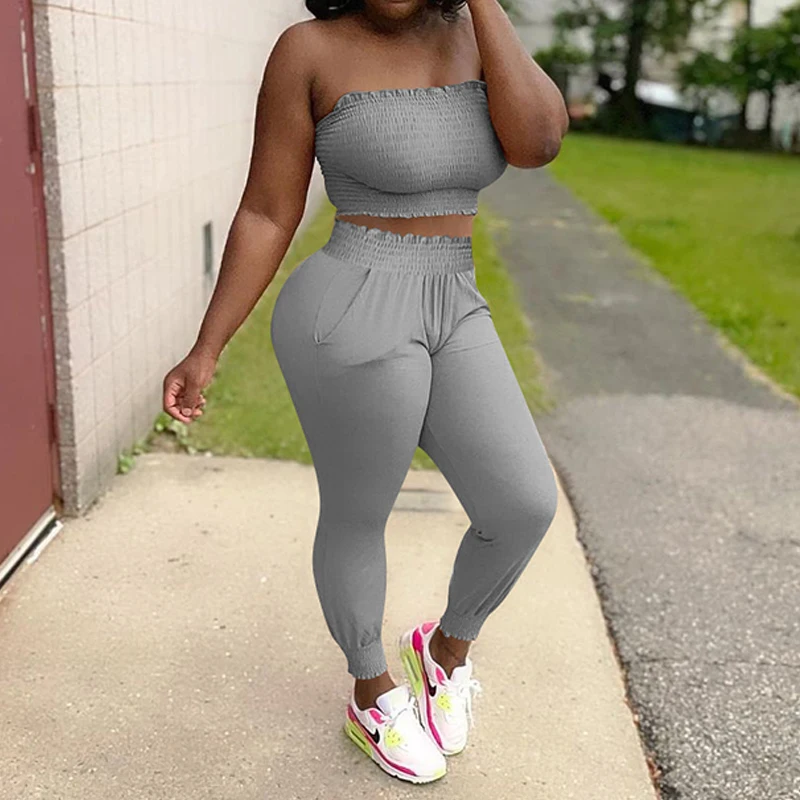 

Two Piece Casual Summer Suits Pleated Bandeau Tube Top & Slim Pants Matching Set