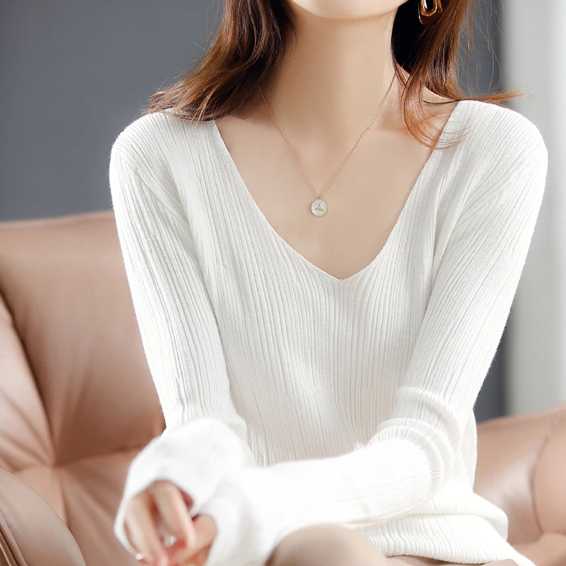 

BOBOKATEER Knitted Sweter Damski Pull Femme V-Neck Vrouw Truien Elegant Kobieta Swetry White Tops Women Sweaters Poleras Mujer