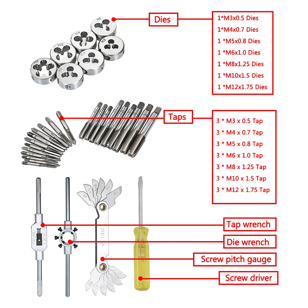 

32PCS HSS Tap and Die Set Metric Wrench Cut M3-M12 Hand Threading Tool Tap Die Screw Thread Making Tool Bit Set with Metal Case