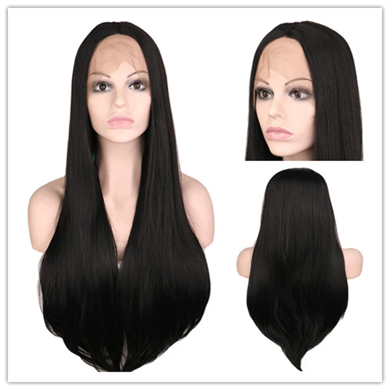 

QQXCAIW Lace Front Wig Long Black Straight Synthetic Hair For Women Heat Resistant Lace Wigs