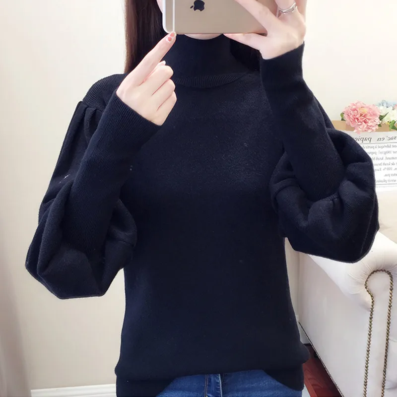 

Sweater Women Autumn Winter Turtleneck Warm Knit sweaters Female Lanterns sleeves Pullover Loose Bottom Shirt Sweater 253