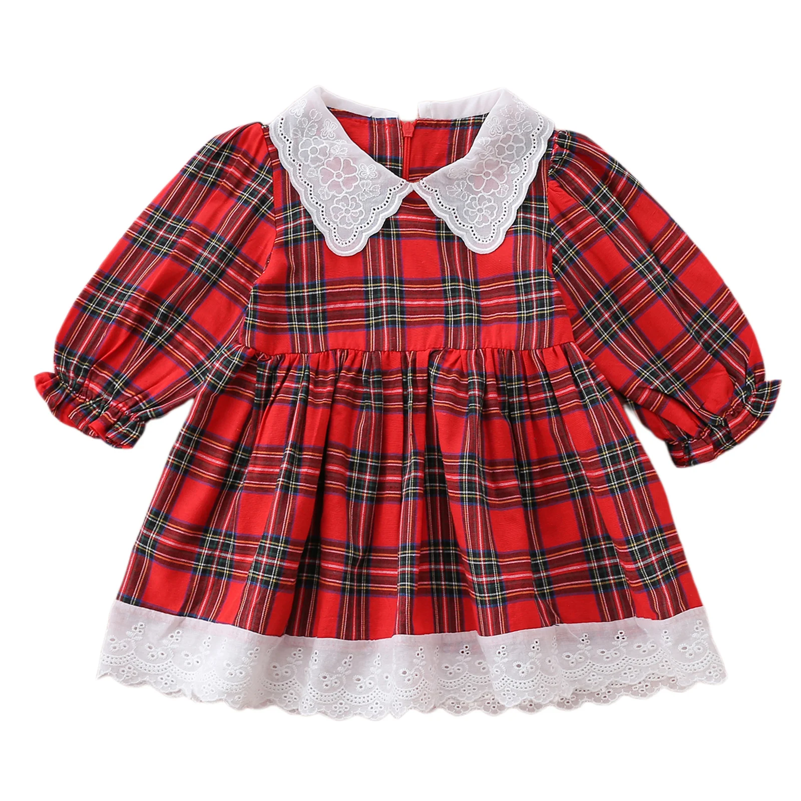 

Little Girl’s Casual Puff Sleeve Dress Fashion Plaid Lace Stitching Doll Collar A-line Dress