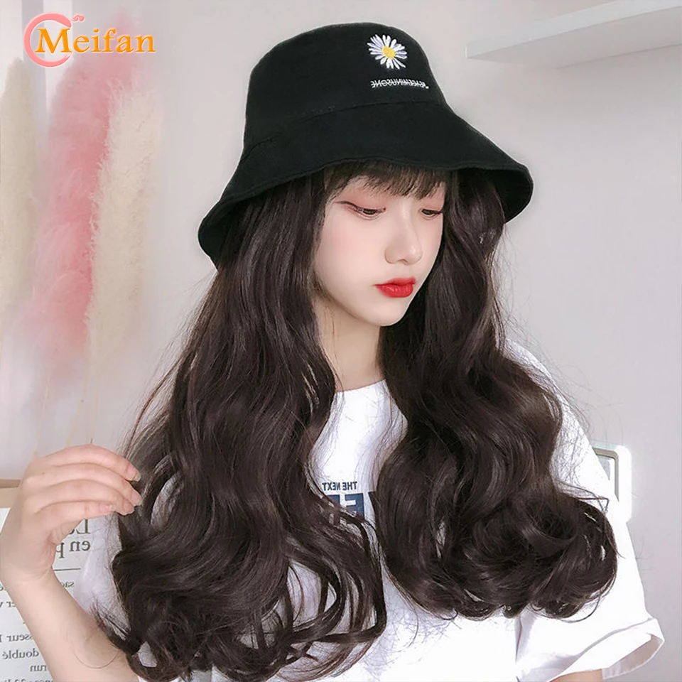 

MEIFAN New Fashion Long Wavy Curly Hat Wig Black Brown With Wig And Embroidery Baseball Cap Natural Connection Synthetic Wig