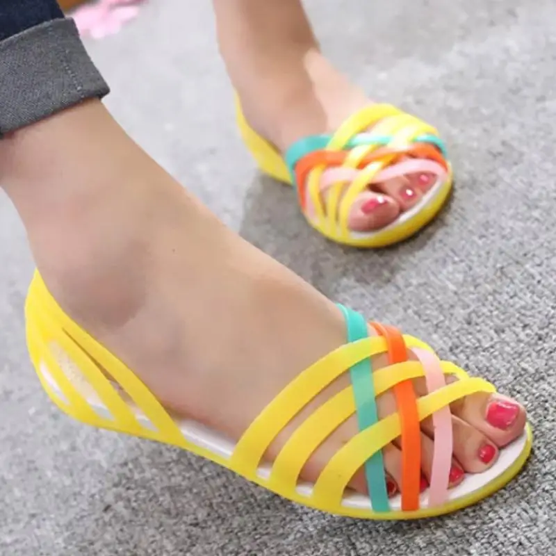 Сандалии желе женские с открытым носком пляжная обувь на плоской подошве сланцы