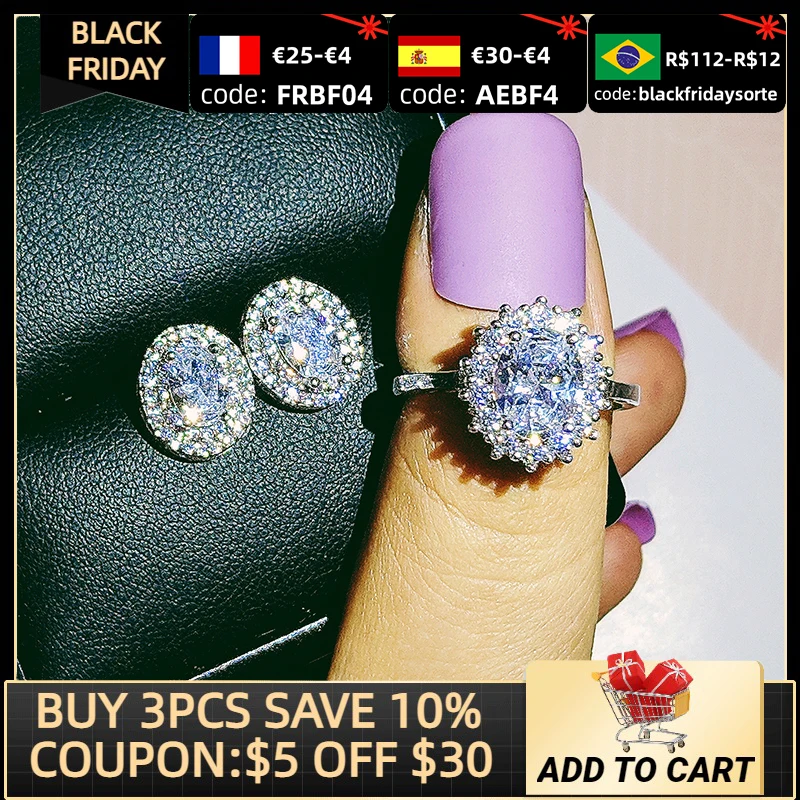 

2pcs Pack 925 Sterling Silver Jewelry Set Halo Engagement Ring Round Stud Earring For Wedding Gift J4944