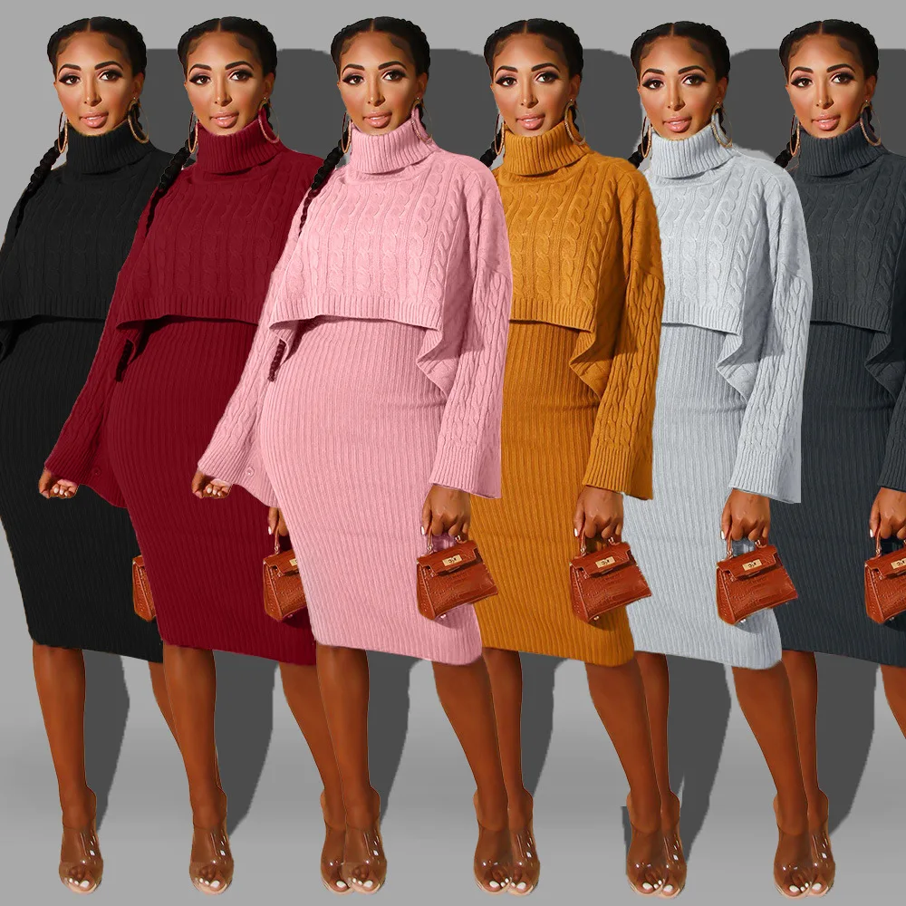 2019 New Autumn Winter Women's set Tracksuits Turtleneck long sleeve sweater + mid calf dress bodycon outfits Dresses | Женская