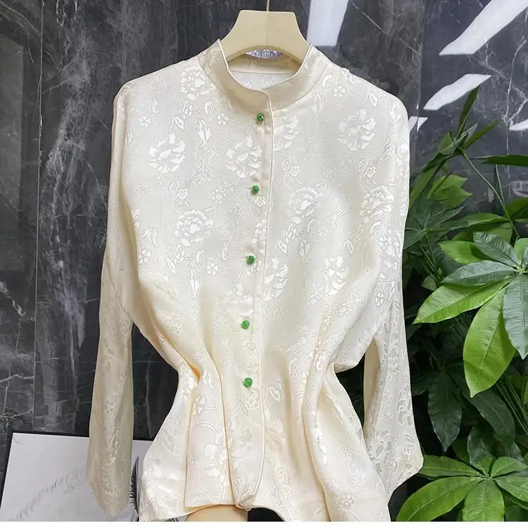 

Simple Stylish Jacquard Imitation Silk Shirt Women Tops Camisas Mujer Long Sleeve Blouse