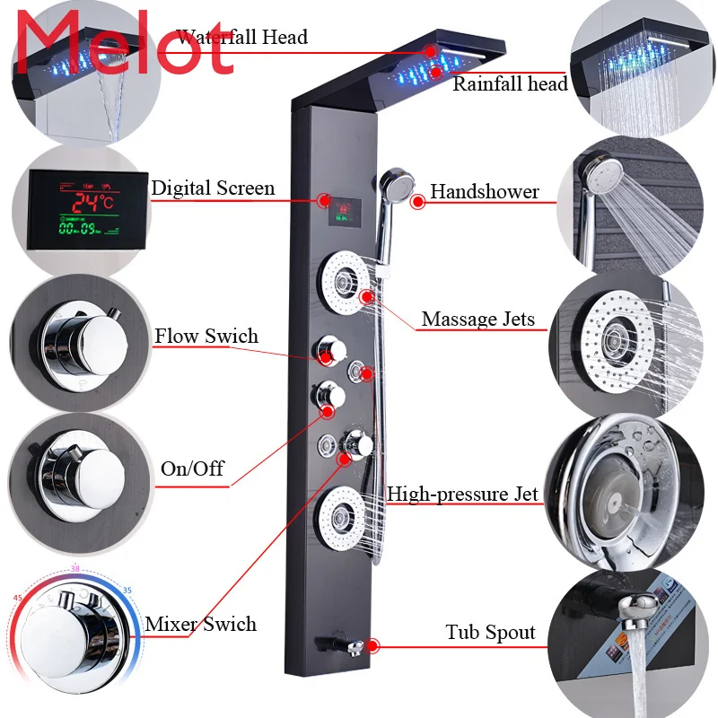 Beste Nieuw Luxe Zwart/Geborsteld Badkamer Kraan Led Douche Panel Kolom Bad Mengkraan Met Handdouche Temperatuur Screen