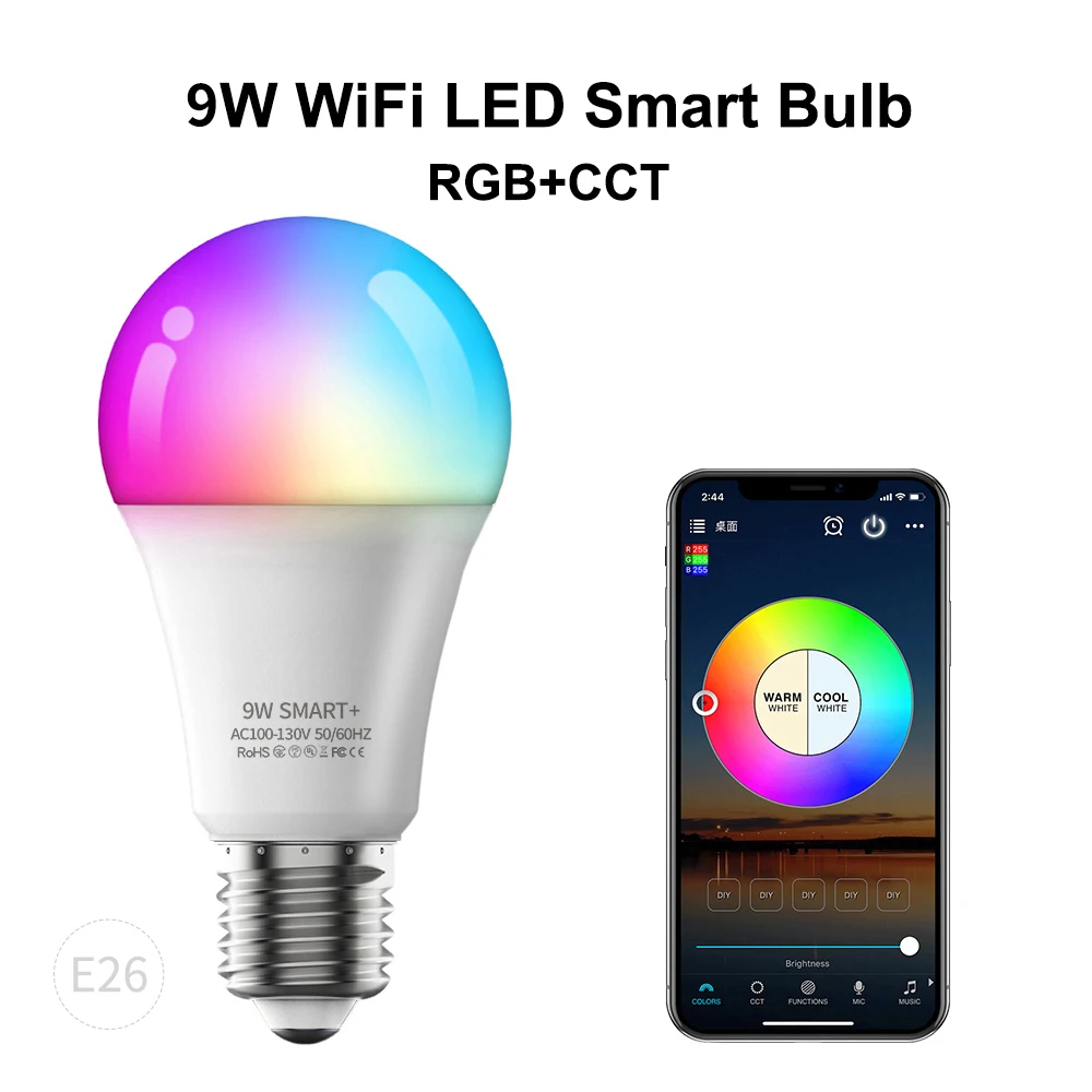 

WIFI smart bulb A60 tone light Alexa voice control mobile phone 2.4G remote control music timing 10W WIFI full color 5 way bulb