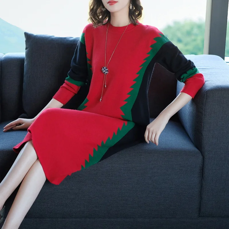 Knitted Long Sweater Dress Female 2021 Autumn Winter New Contrast Color Loose Large Size Women Pullover Sweaters Dresses L4114 | Женская