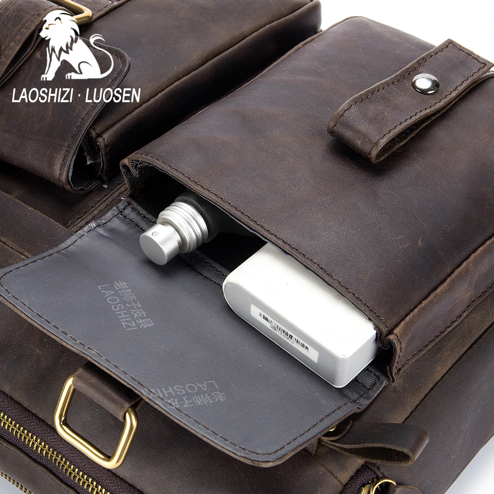 LAOSHIZI LUOSEN Vintage Men Briefcase Oil Wax Genuine Leather Tote Bag Crossbody Messenger Shoulder Bags Handbags 91501 | Багаж и сумки
