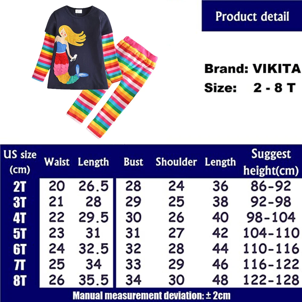 VIKITA-ropa de dormir para ni&ntilde;os peque&ntilde;os, pijama infantil de manga larga de algod&oacute;n, conjunto de pijama de rayas con arco&iacute;ris-5