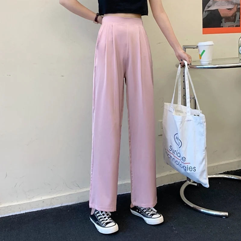 

2020 Korean Women Casual Wide Leg Straight Pant Womens Elegant Fashion Trousers Female Pure Color Females Tracksuit Home Pants