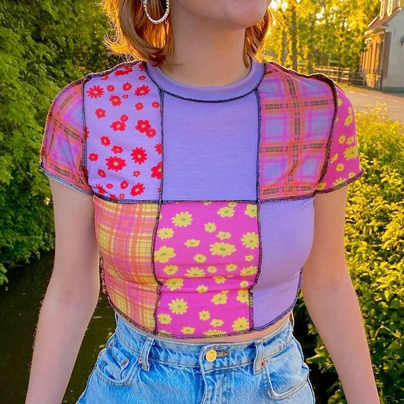 

Women Casual Short Sleeve T-shirt Fashion Color-block Printing Exposed Navel Pullover Tops Purple