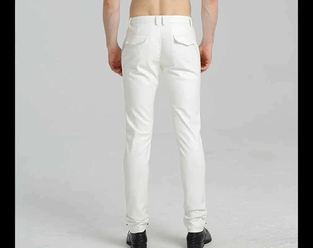 2020 New Spring Youth White Dance Slim Stretch Leather Pants Men Plus Velvet PU Trousers Streetwear Ropa De Hombre Hip Hop | Мужская