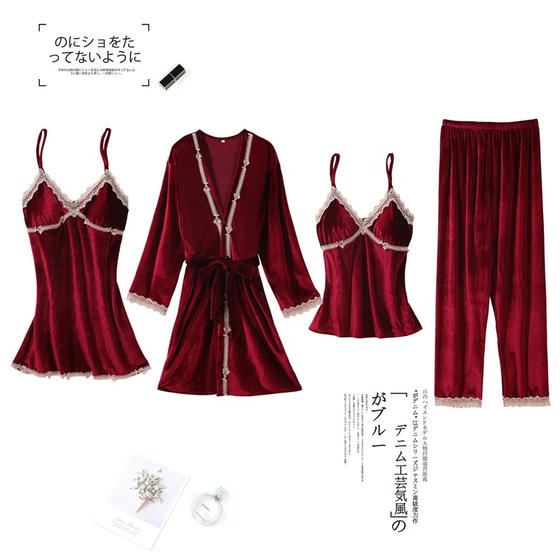 

4 Piece Set Women Velour Robe Kimono Pajamas Sexy Lace Strap Top Nightgown Sleepwear Bride Dressing Gown Bathrobe Pyjamas Suit