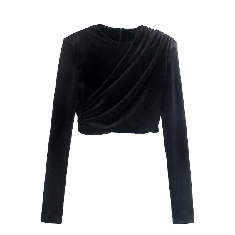 

Hot Sale Women Shoulder Pad Pleat Black Velvet Short T Shirt Casual Female Long Sleeve Slim Tops T1560