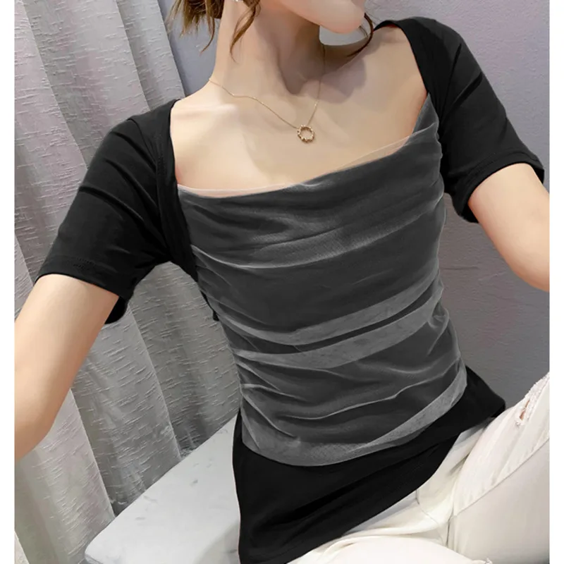 

#6024 футболка с коротким рукавом из сетчатой ткани, женские пикантные топы с квадратным воротником, футболка с коротким рукавом, Женская обле...