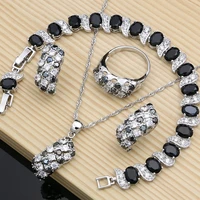vintage 925 silver rhinestone necklace earrings bracelet ring set bohemia black broken stone wedding jewelry sets women