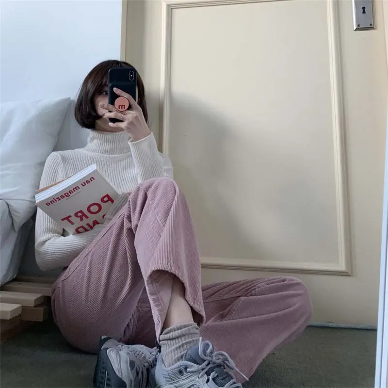 

Alien Kitty Solid Pink Corduroy Straight Brief 2020 Chic Women Loose Full-Length Streetwear High Waist Casual Thicken Trousers