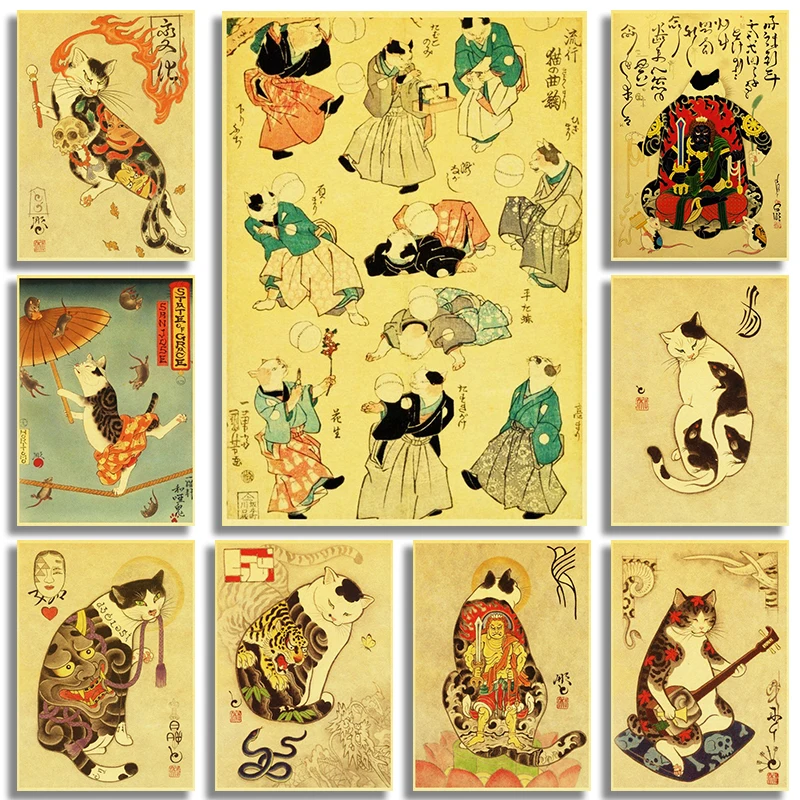 Винтажные японские обои в стиле ретро с рисунком самурайского кота |