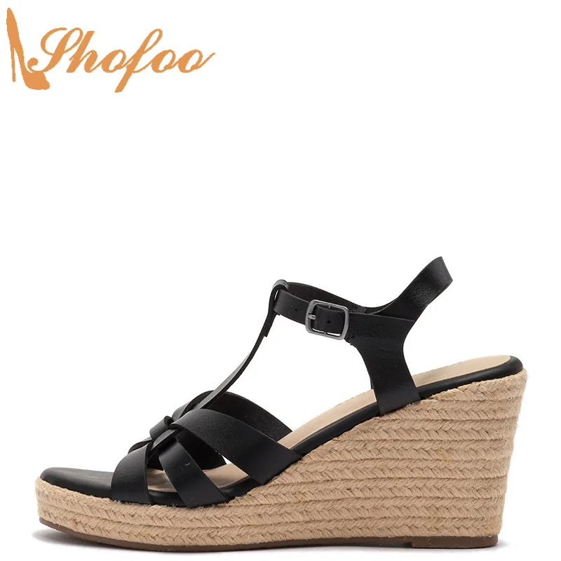 

Женские босоножки на высокой танкетке, черные сандалии-гладиаторы в римском стиле, обувь с Т-образным ремешком на щиколотке для вечеринки, большие размеры 13 16