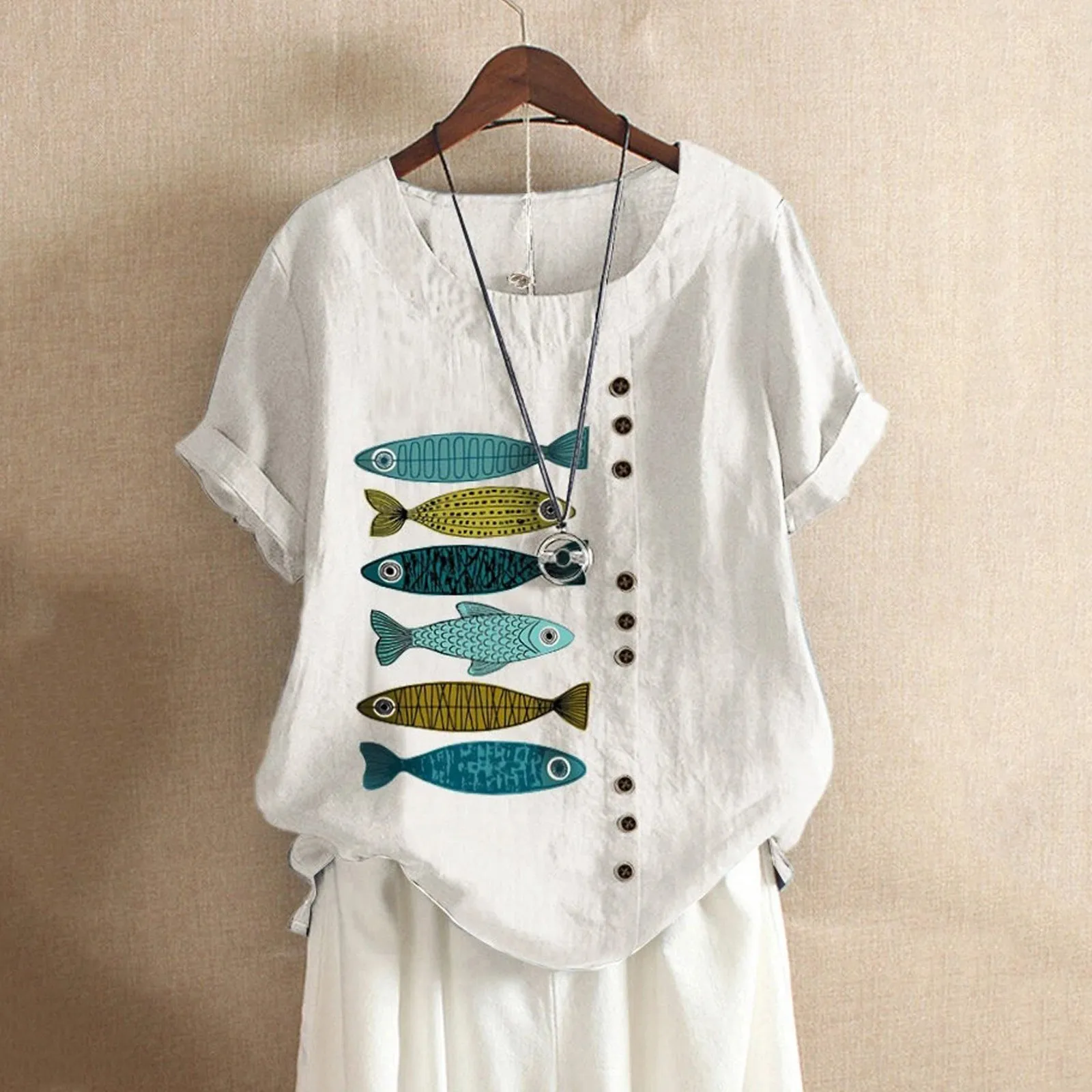 Женская блузка из хлопка и льна с коротким рукавом принтом рыбы | одежда