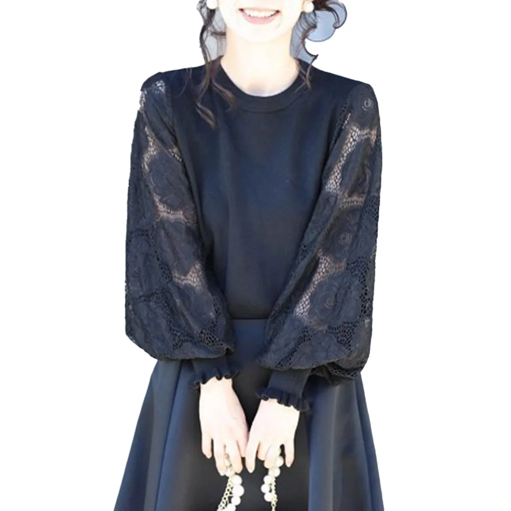 

Japan Style Sweater Spring Autumn Korean Fashion Bud Loose Simple Elegant Thin Best Sellers Splicing Round Neck Puff Sleeve