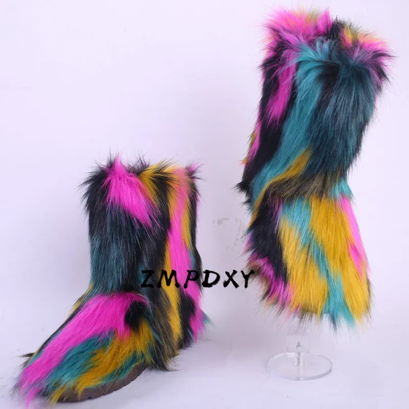 Зимние женские меховые ботильоны из искусственного лисьего меха высокие зимние