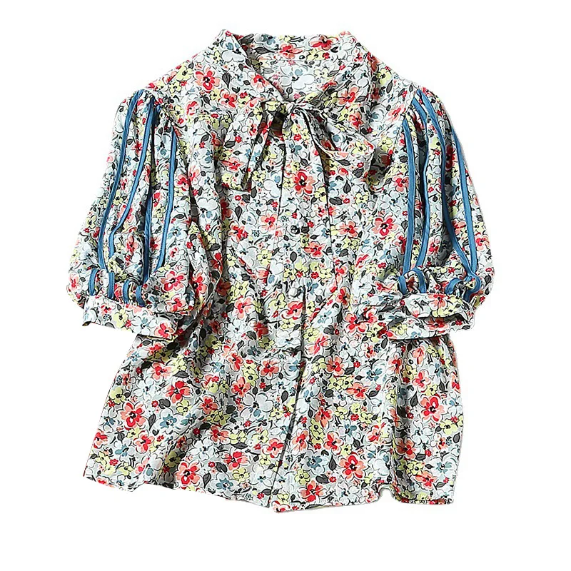 

Summer temperament commuter retro single-breasted silk mulberry silk lace small floral print sleeve blouse