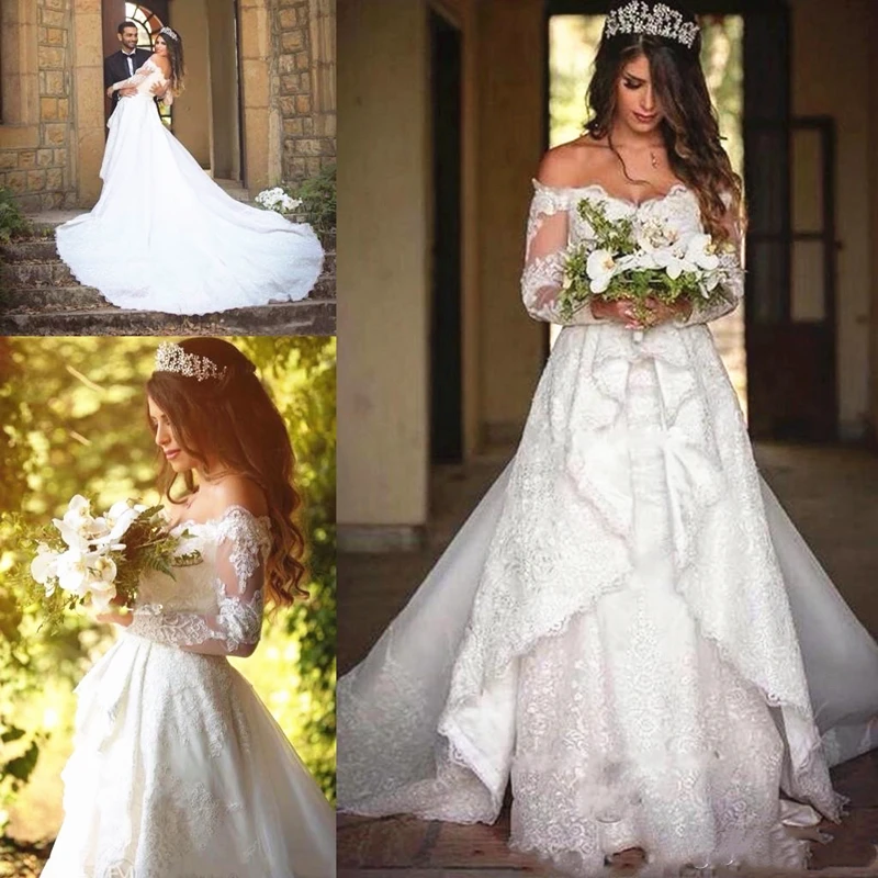 

Boho Wedding Dress with Overskirt Long Sleeve Off the Shoulder Appliqued Lace Mermaid Bridal Gowns Dubai vestido de noiva