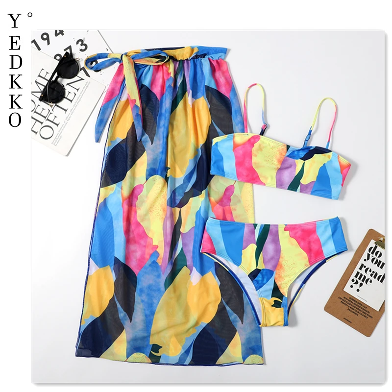 

2021 mesh ladies triangle bikini print sexy split swimsuit 3-piece set