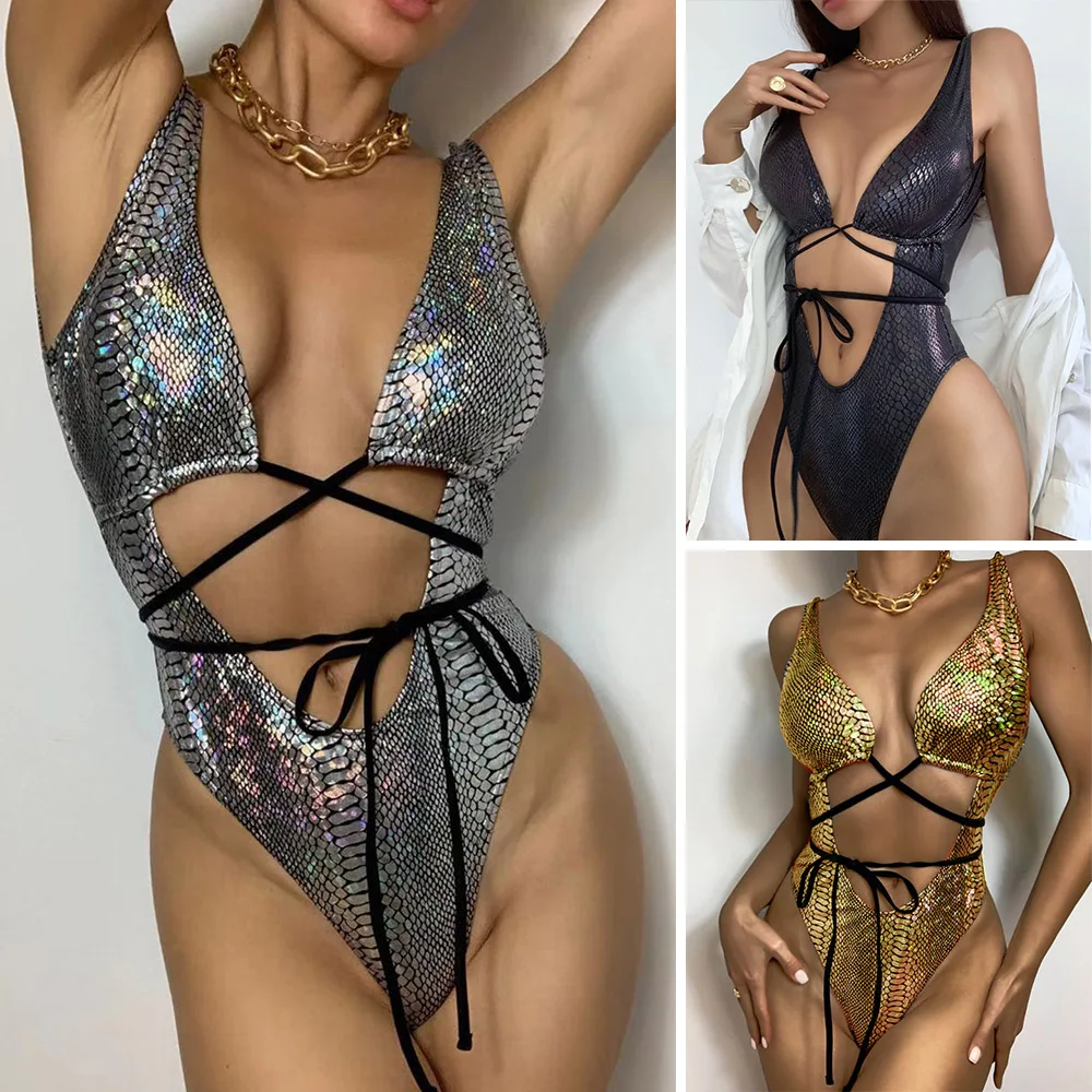 

Sexy Snakeskin Glitter One Piece Swimsuit Silver Gold String Bandage Bathing Suit Shiny Swimwear High Cut Out Monokini Swimsuit